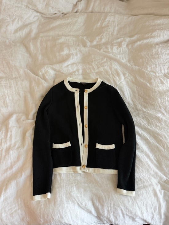 Quince Sweaters - Quince Black Cardigan with White Trim and Gold Button
